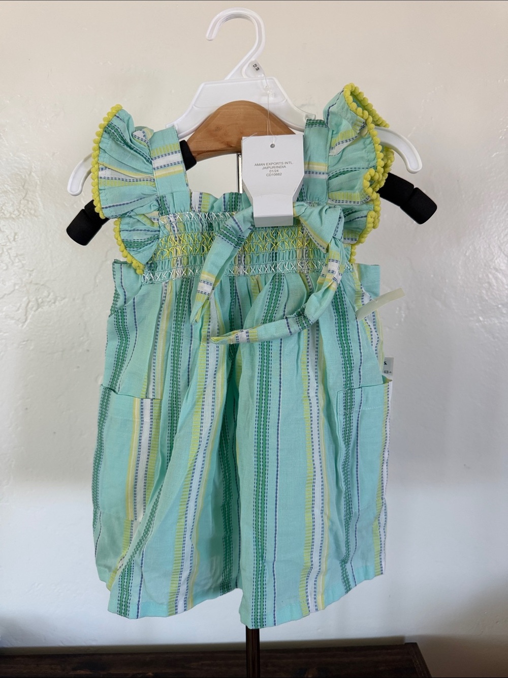Tahari Girls Mint Green Striped Dress with Yellow Trim